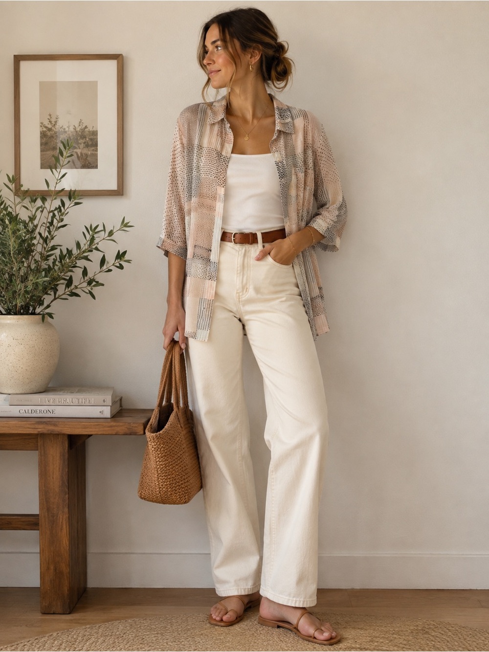 Lightweight Patterned Button-Up Shirt Jacket in Neutral Tones